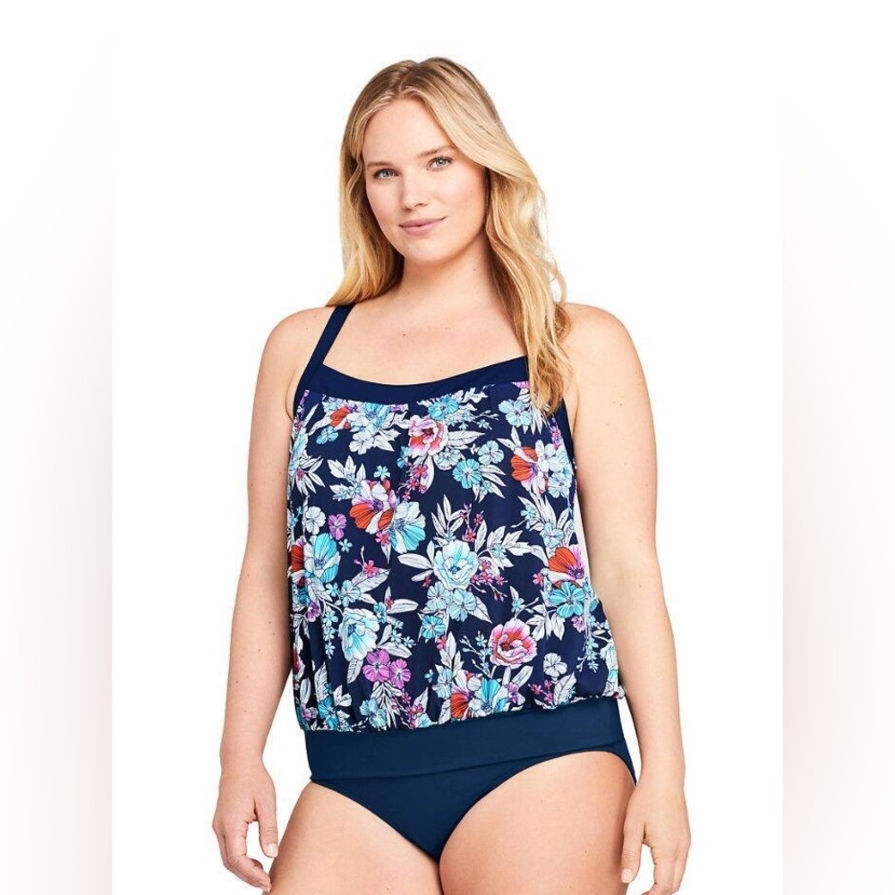 LANDS' END Plus Size 16W Blouson Tummy Hiding Tankini Top EUC